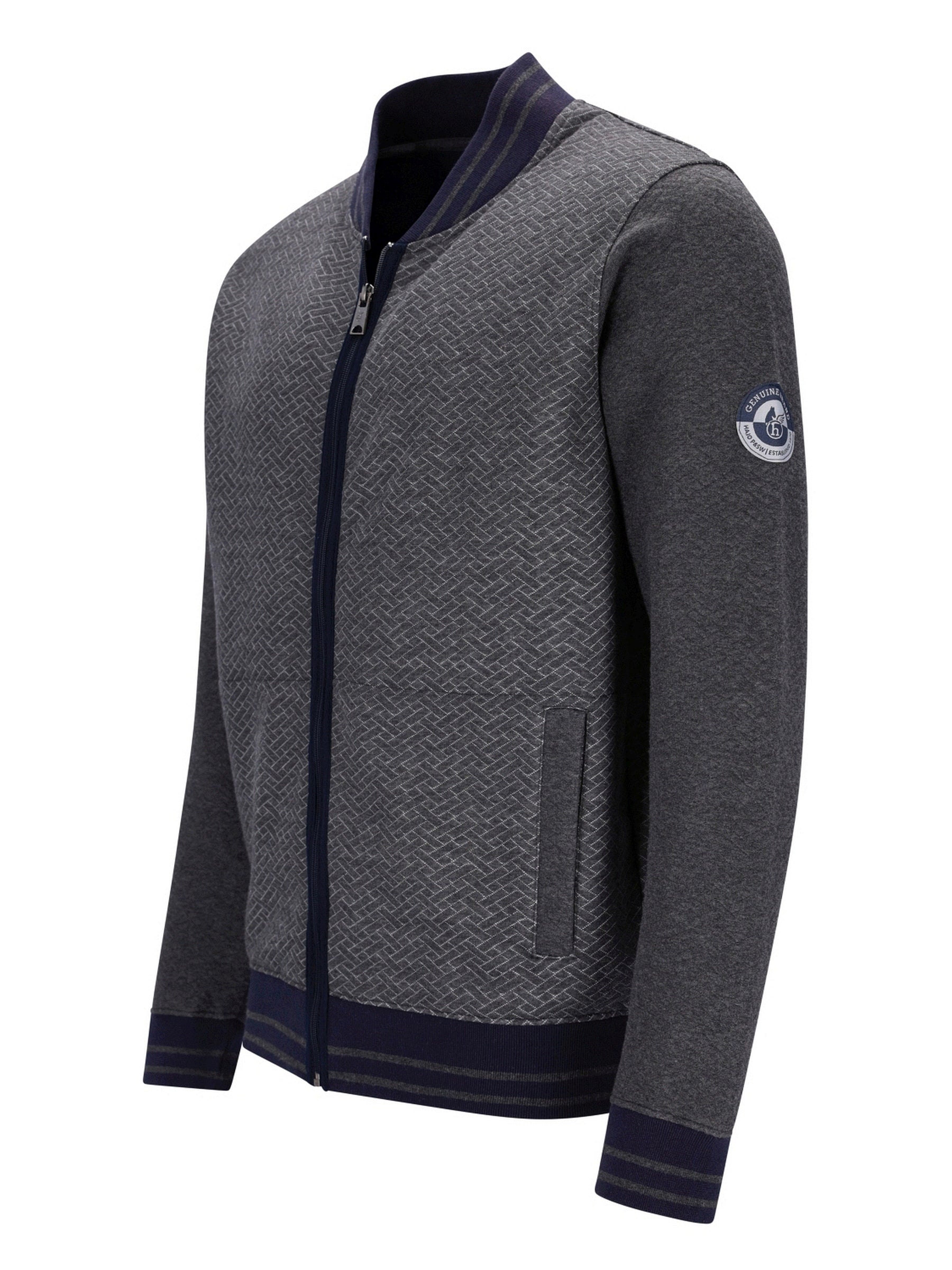 Moncler Bomberjacke mit schwarz-grauem Fischgrätmuster, Reißverschluss.