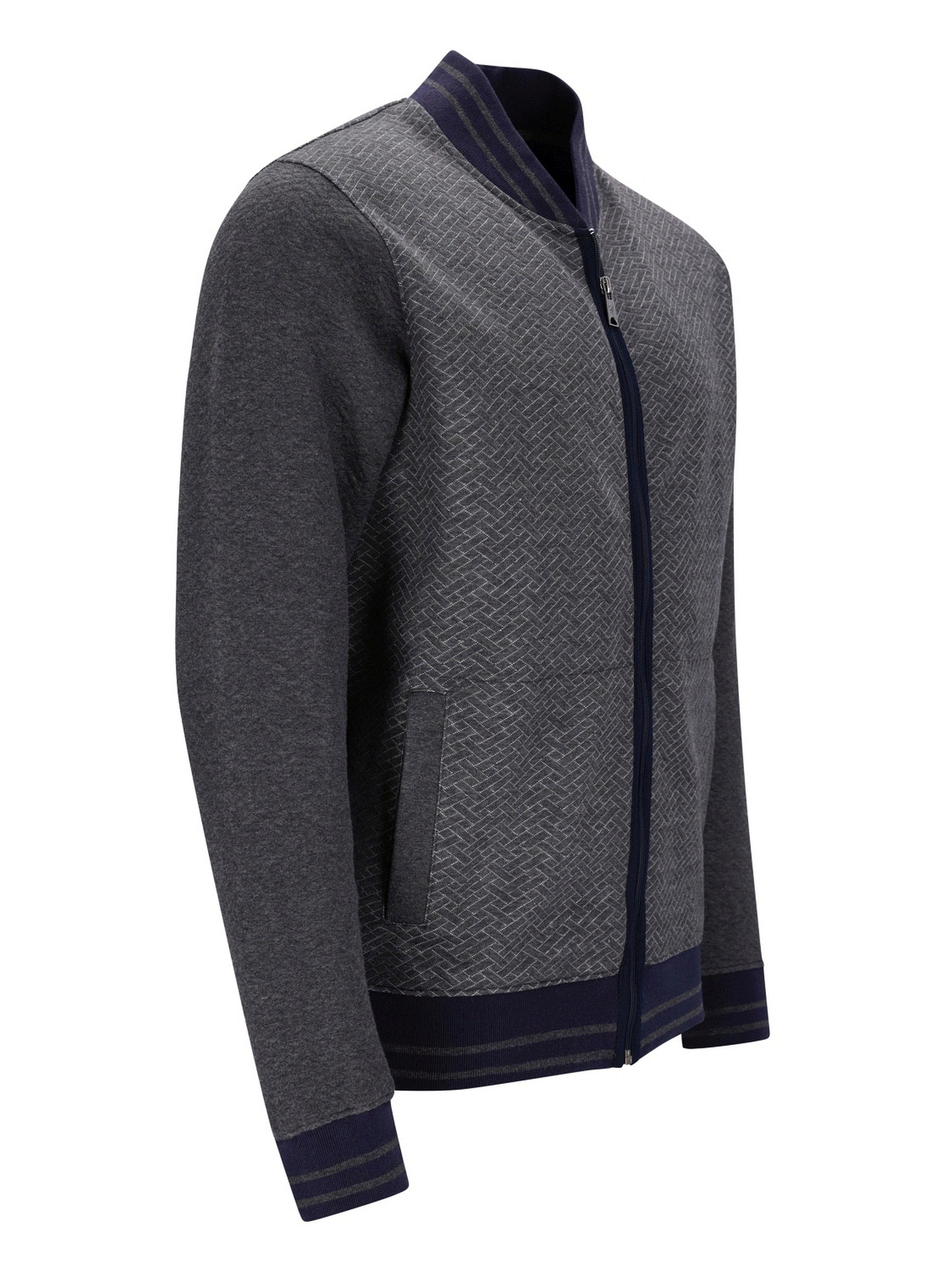 Kohle-graue und marineblaue strukturierte Bomberjacke mit schwarzem Reißverschluss.
