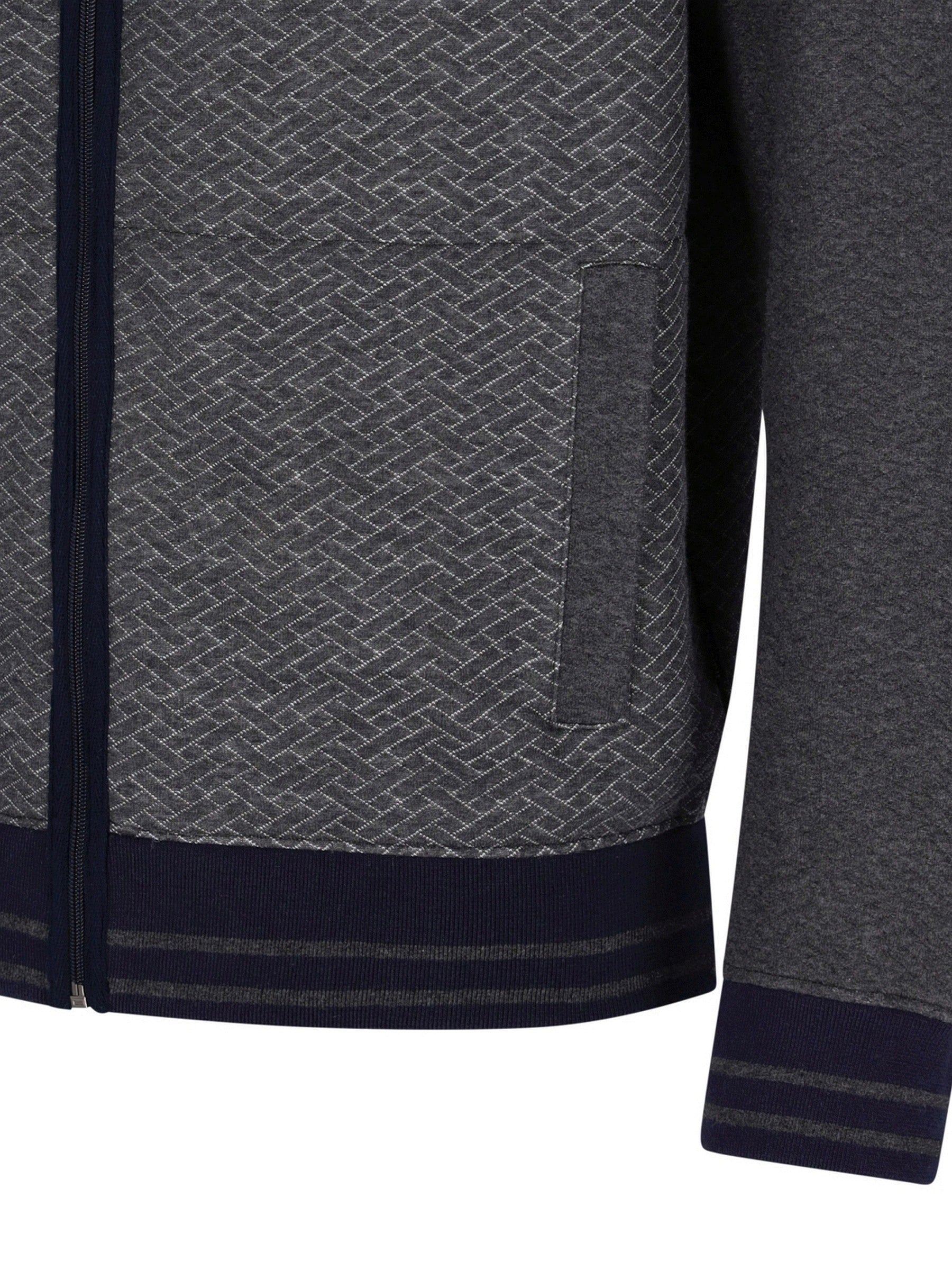 Holzkohlegrauer Fischgrätmuster-Reißverschluss-Jacke mit marineblauen Akzenten und gerippten Bündchen.
