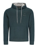 Dunkelgrüner Herren-Kapuzenpullover mit weißen Kordelzügen und einer Kängurutasche vorne.