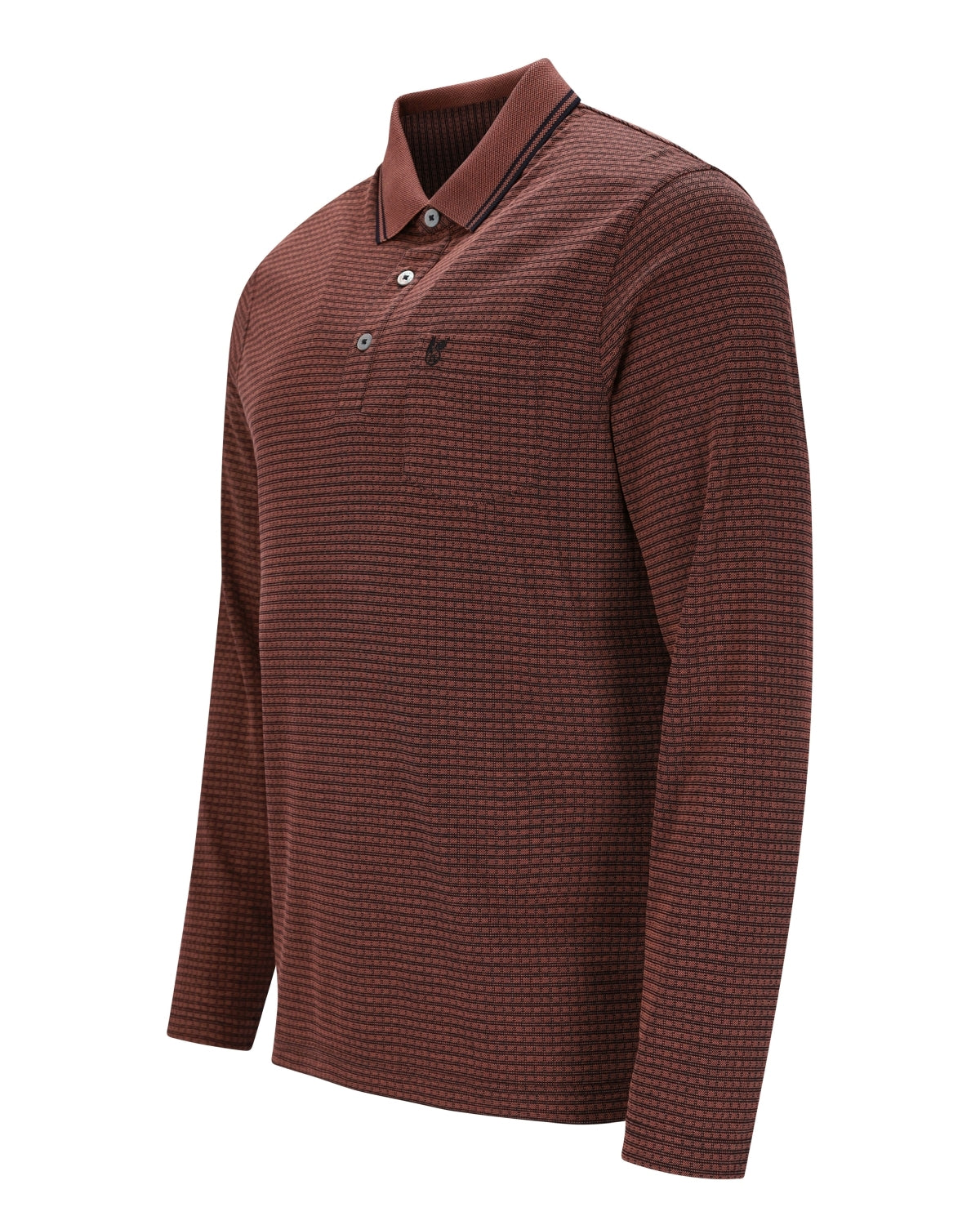 Langärmeliges Herren-Poloshirt mit Kragen in Dunkelrot oder Kastanienbraun mit einem dezenten Strukturmuster.