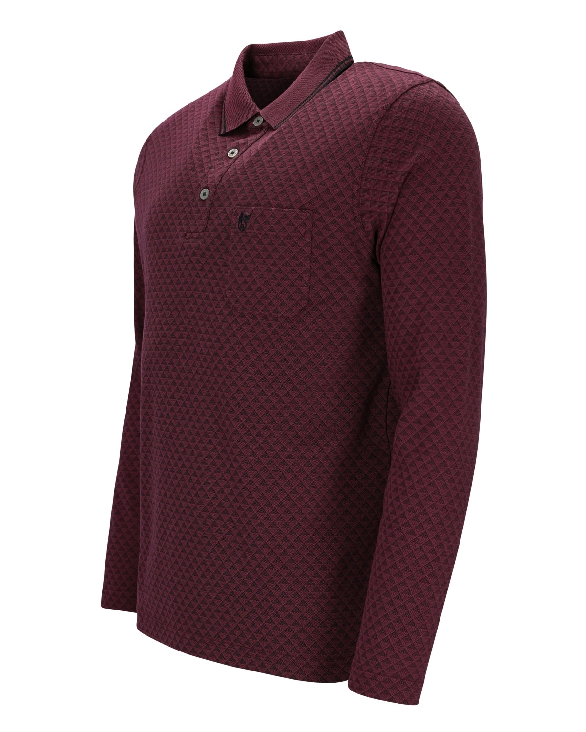 Kastanienbraunes Langarm-Poloshirt für Herren mit dezentem Karomuster und einer Brusttasche.