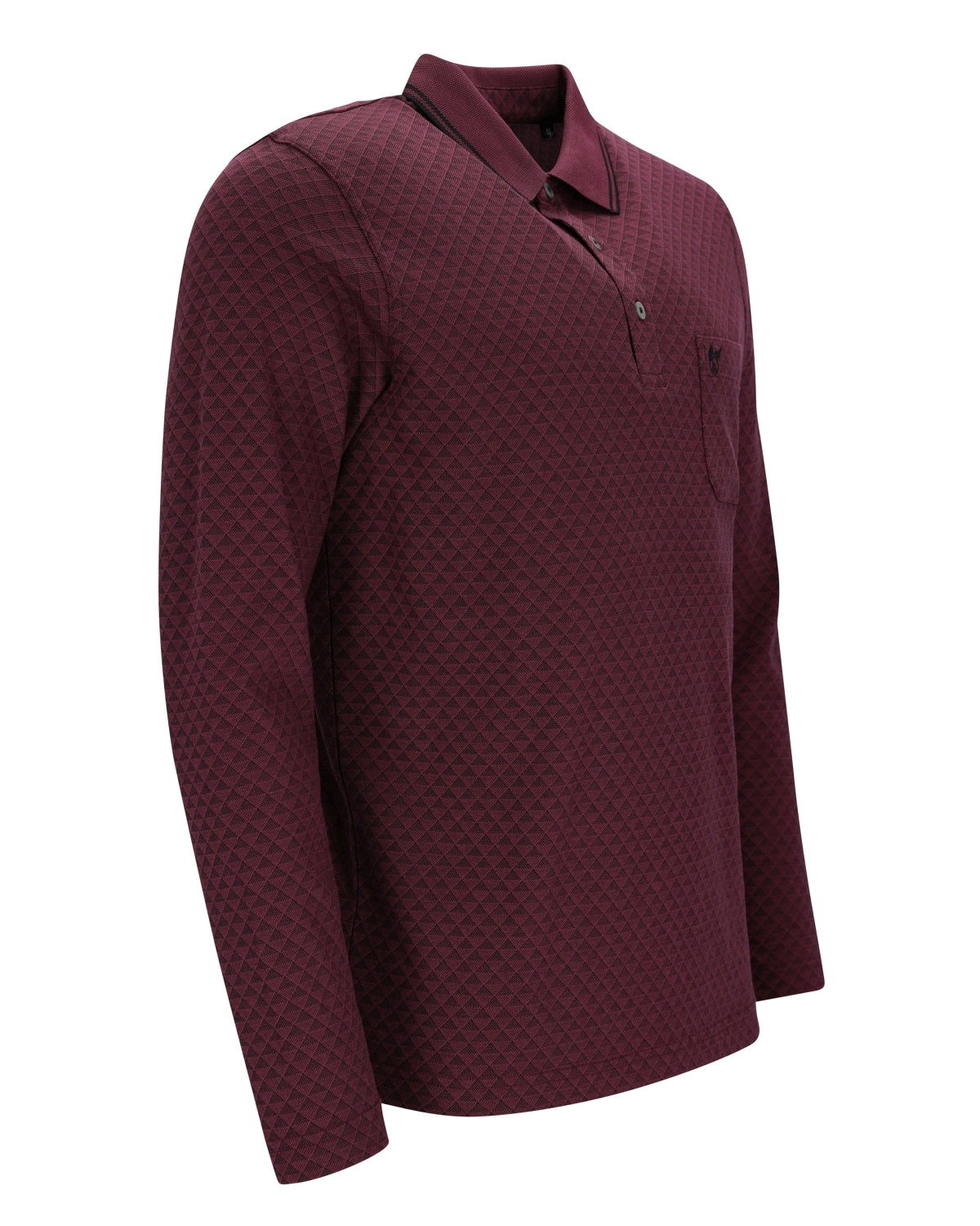 Kastanienbraunes Langarm-Poloshirt für Herren mit dezentem Karomuster und einer Brusttasche.