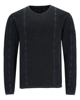 Schwarzes Langarmshirt mit Rundhalsausschnitt aus Waffelstrick mit vertikalen Nähten.