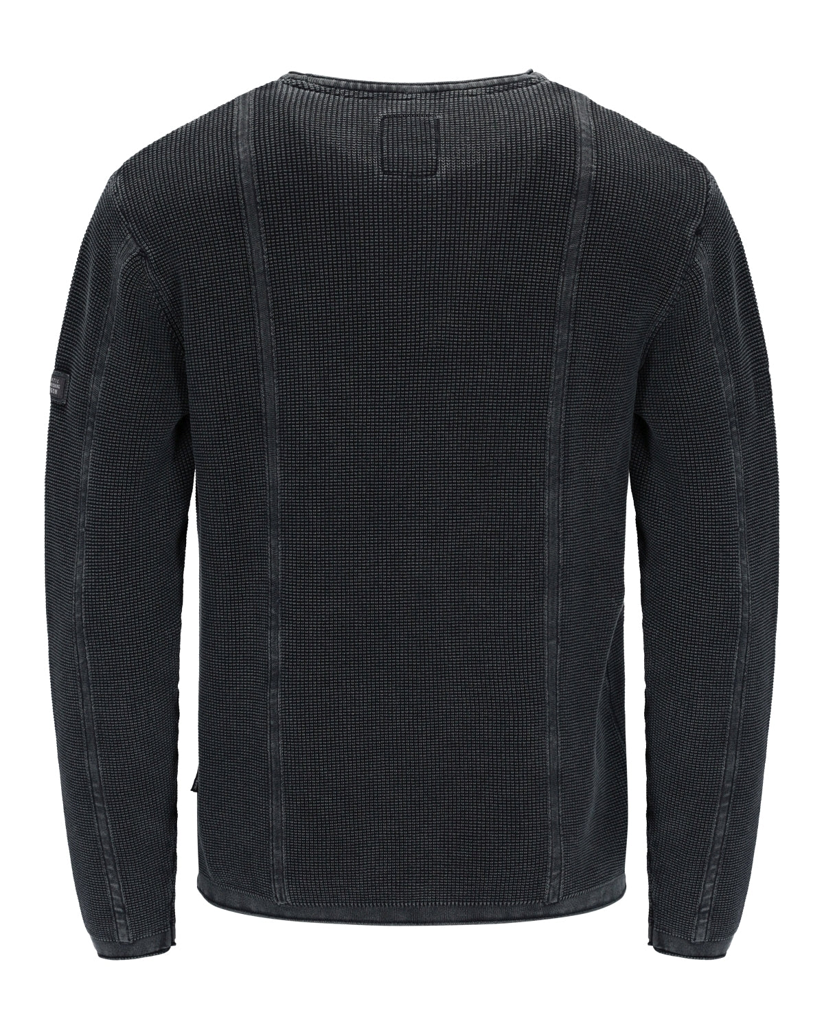 Dunkelgrauer langärmeliger Herrenpullover aus Waffelstrick mit gerippten Abschlüssen.