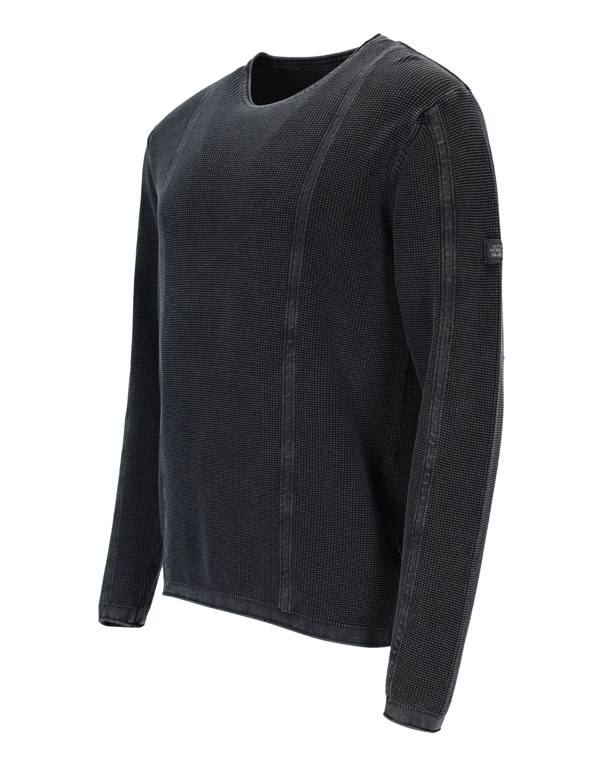 Anthrazitfarbener langärmeliger Pullover mit Rundhalsausschnitt und gerippten Details für Herren.