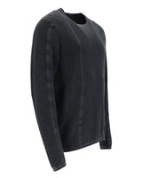 Dunkelgrauer Langarmpullover mit Rundhalsausschnitt und strukturierten vertikalen Einsätzen.