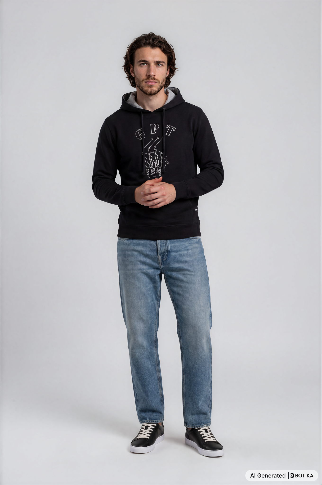 Schwarze sweat hoddie el polista mit grauem innenfutter und weißem grafikdruck vorne