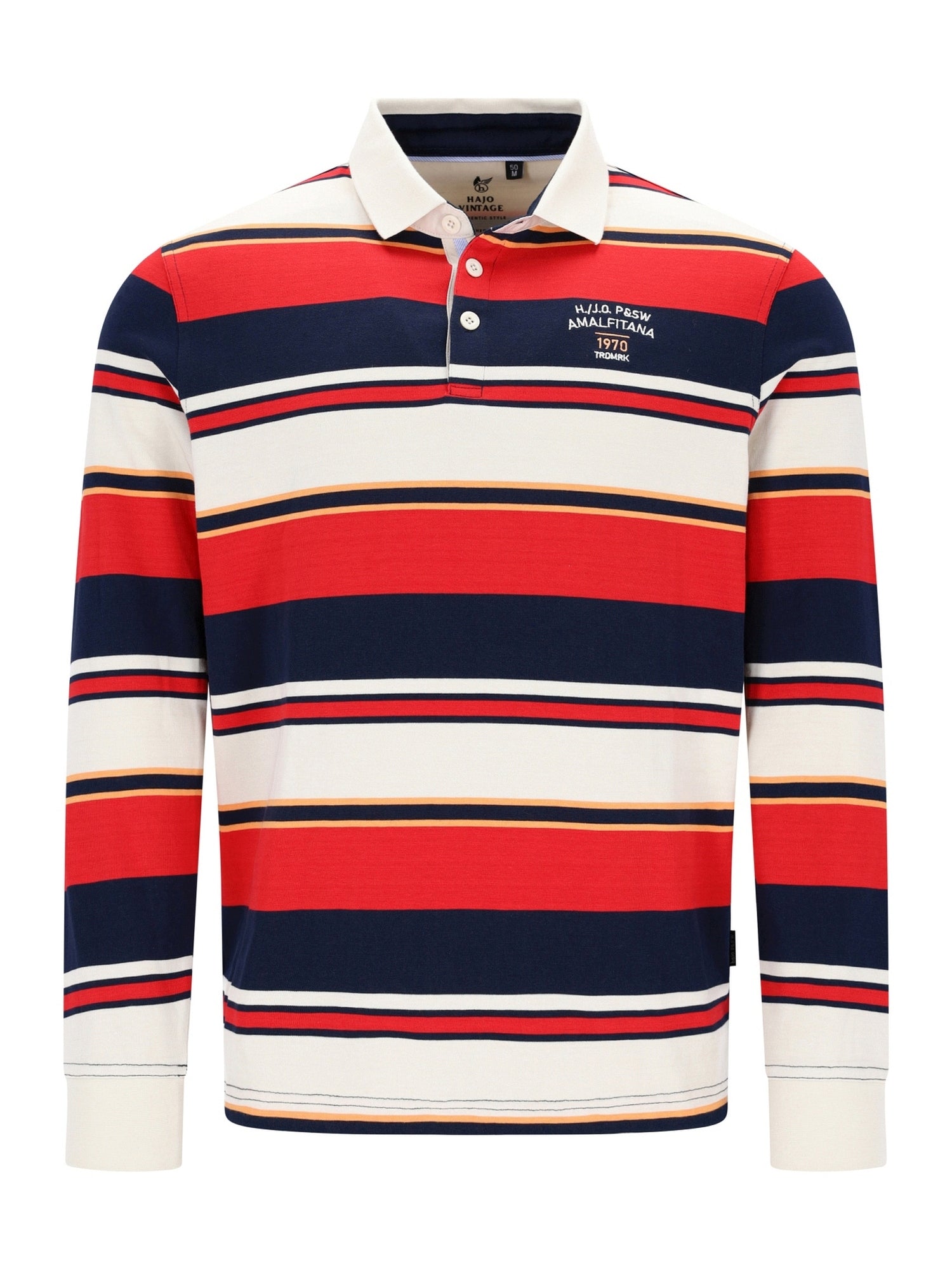 Rotes und marines gestreiftes Polo-Shirt mit weißem Kragen und Manschetten, aus Baumwolle gefertigt.