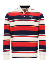 Rotes und marines gestreiftes Polo-Shirt mit weißem Kragen und Manschetten, aus Baumwolle gefertigt.