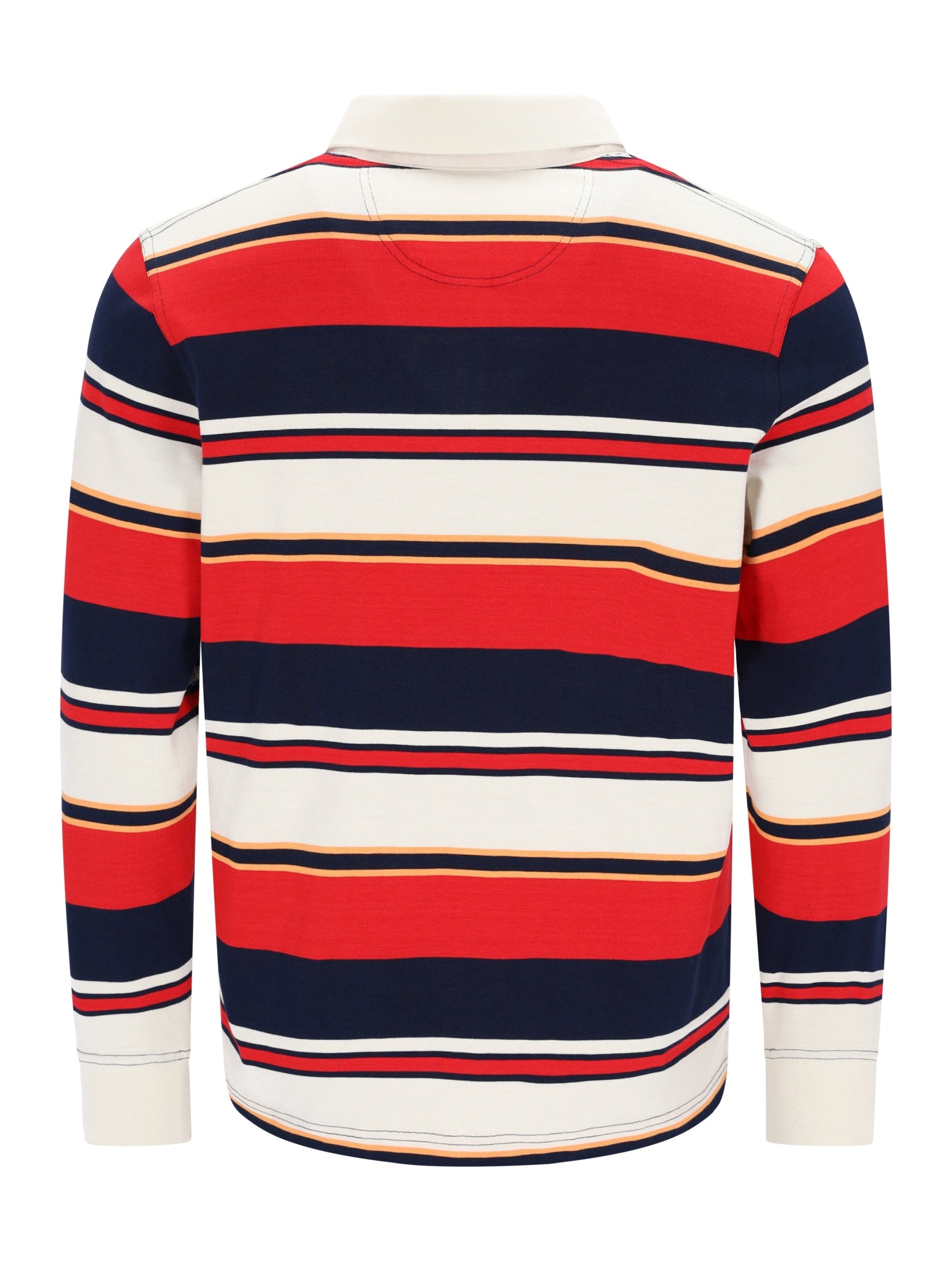 Klassisches gestreiftes Rugby-Shirt in Marineblau, Rot und Creme mit weißem Kragen.