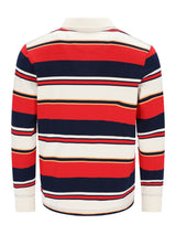 Klassisches gestreiftes Rugby-Shirt in Marineblau, Rot und Creme mit weißem Kragen.