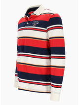 Rotes und marines gestreiftes Poloshirt mit weißem Kragen und Manschetten, aus Baumwolle gefertigt.