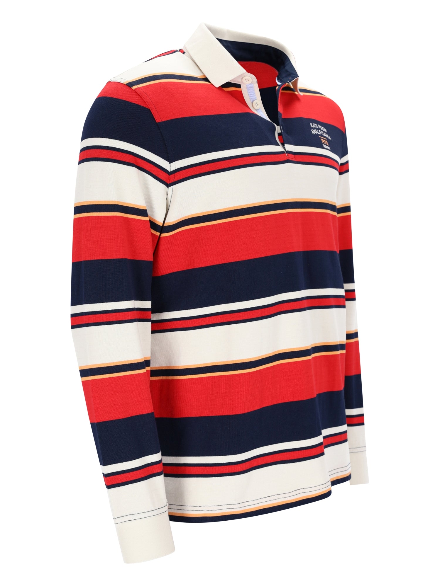 Rotes und marines Rugby-Hemd mit weißem Kragen und Manschetten, aus Baumwolle gefertigt.