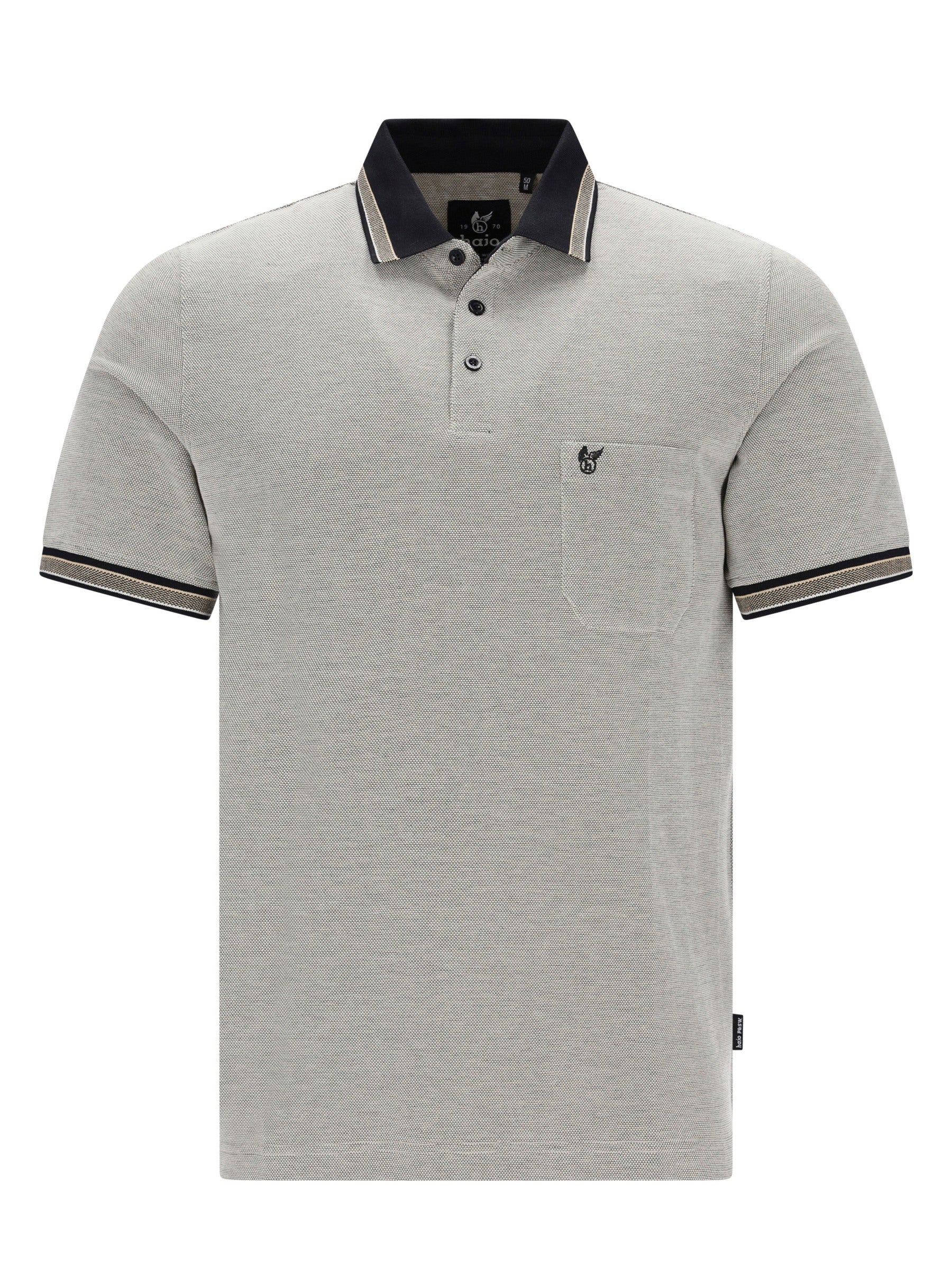 Grauer Dreitonoptik-Poloshirt Pikee mit Borte und Stickerei