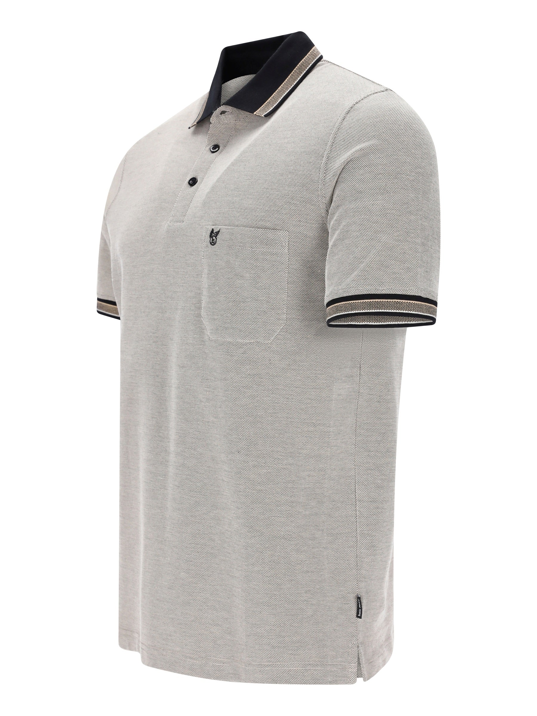 Hellgraues Pikee-Poloshirt in Dreitonoptik mit schwarzem Kragen, weißen Streifen und Logo
