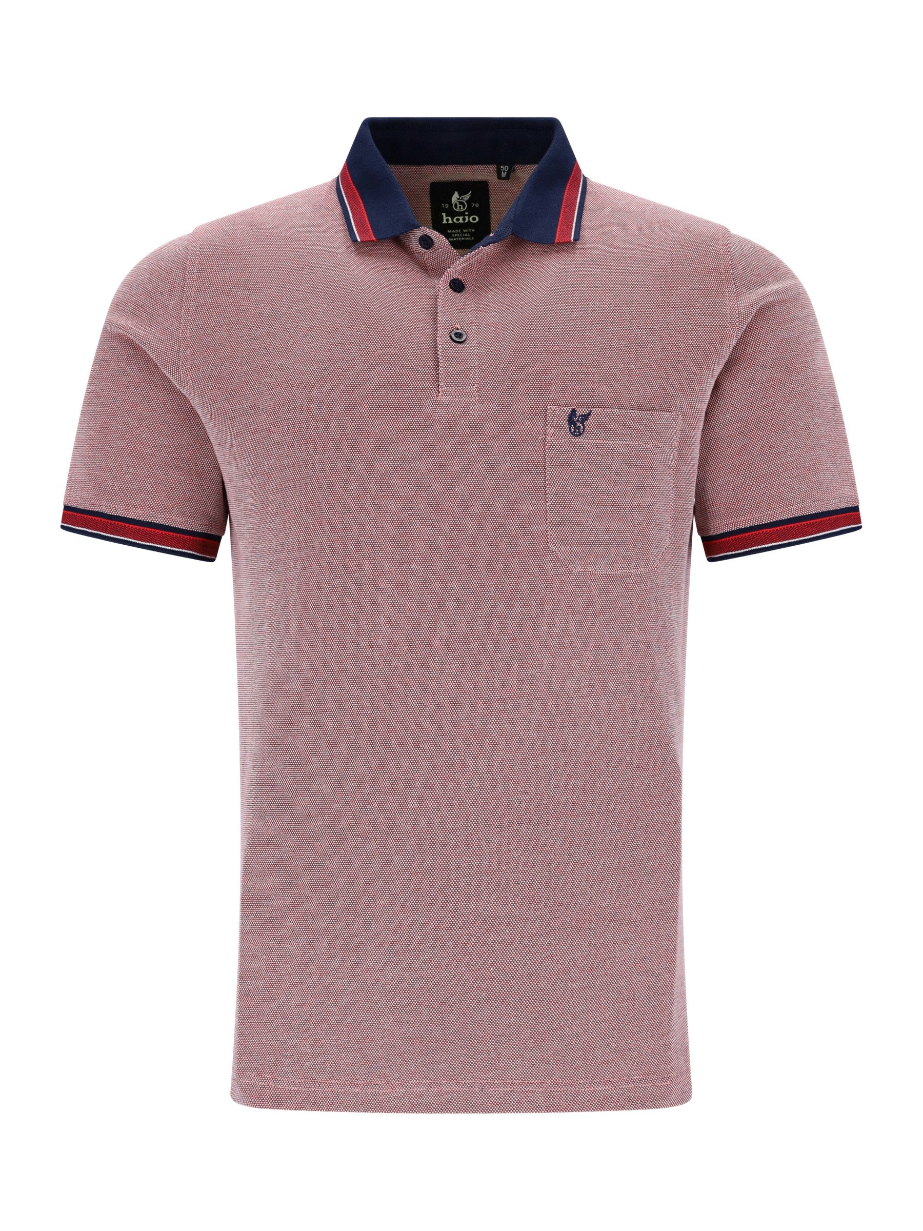 Männliches pinkes Poloshirt Pikee in Dreitonoptik mit Navy-Rot-Trim und Logo