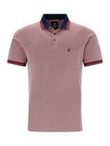 Männliches pinkes Poloshirt Pikee in Dreitonoptik mit Navy-Rot-Trim und Logo