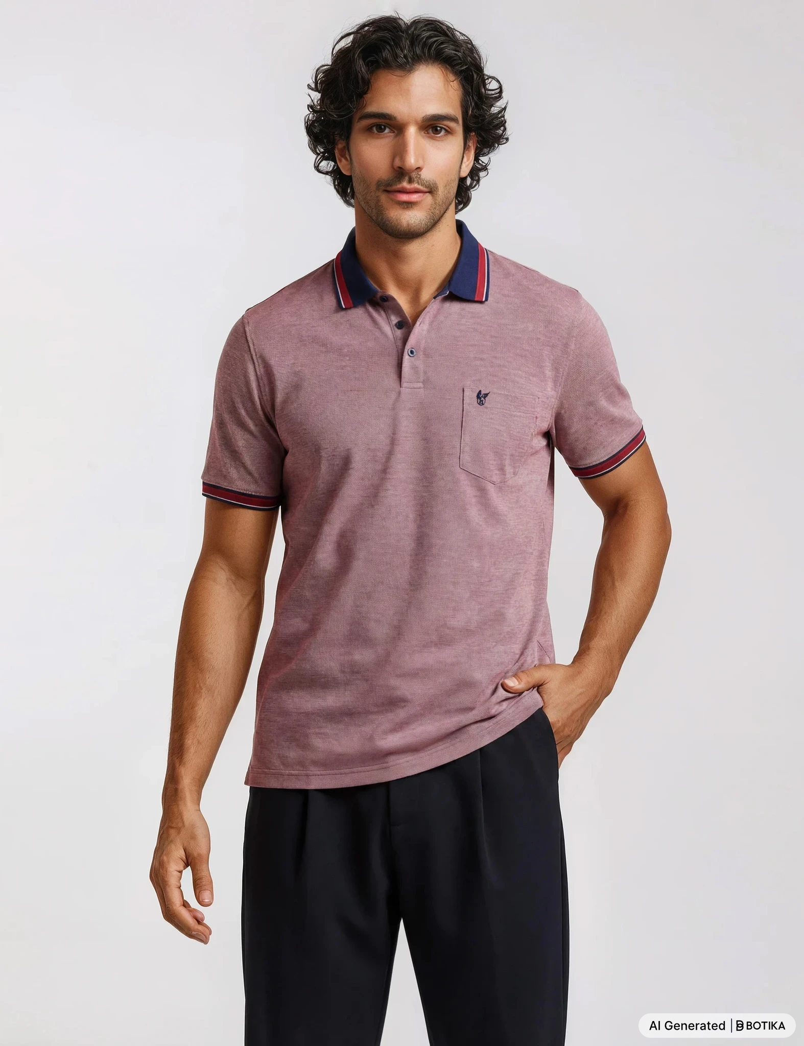 Mauve cotton pikee-poloshirt in dreitonoptik mit navy und maroon besatz in stay fresh-qualität von hajo mode