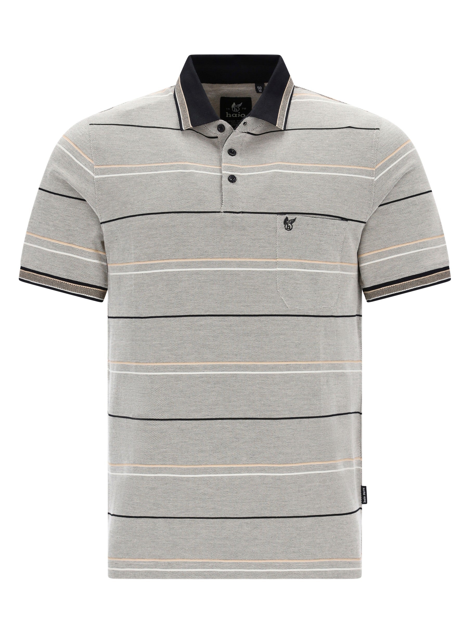 Grauer gestreifter Pikee-Poloshirt mit Dreitonoptik, Navy-Kragen und Garnfarbstreifen