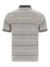 Grauer Pikee-Poloshirt mit Dreiton-Streifen in Schwarz, Weiss und Hellpfirsich