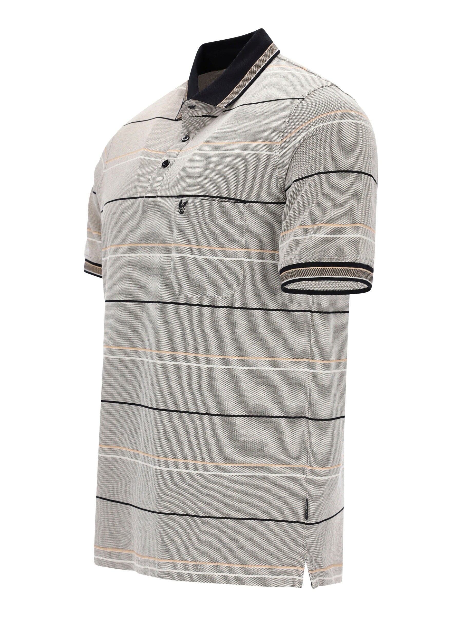 Grau-schwarzes Pikee-Poloshirt mit Dreitonoptik, garngefärbten Streifen