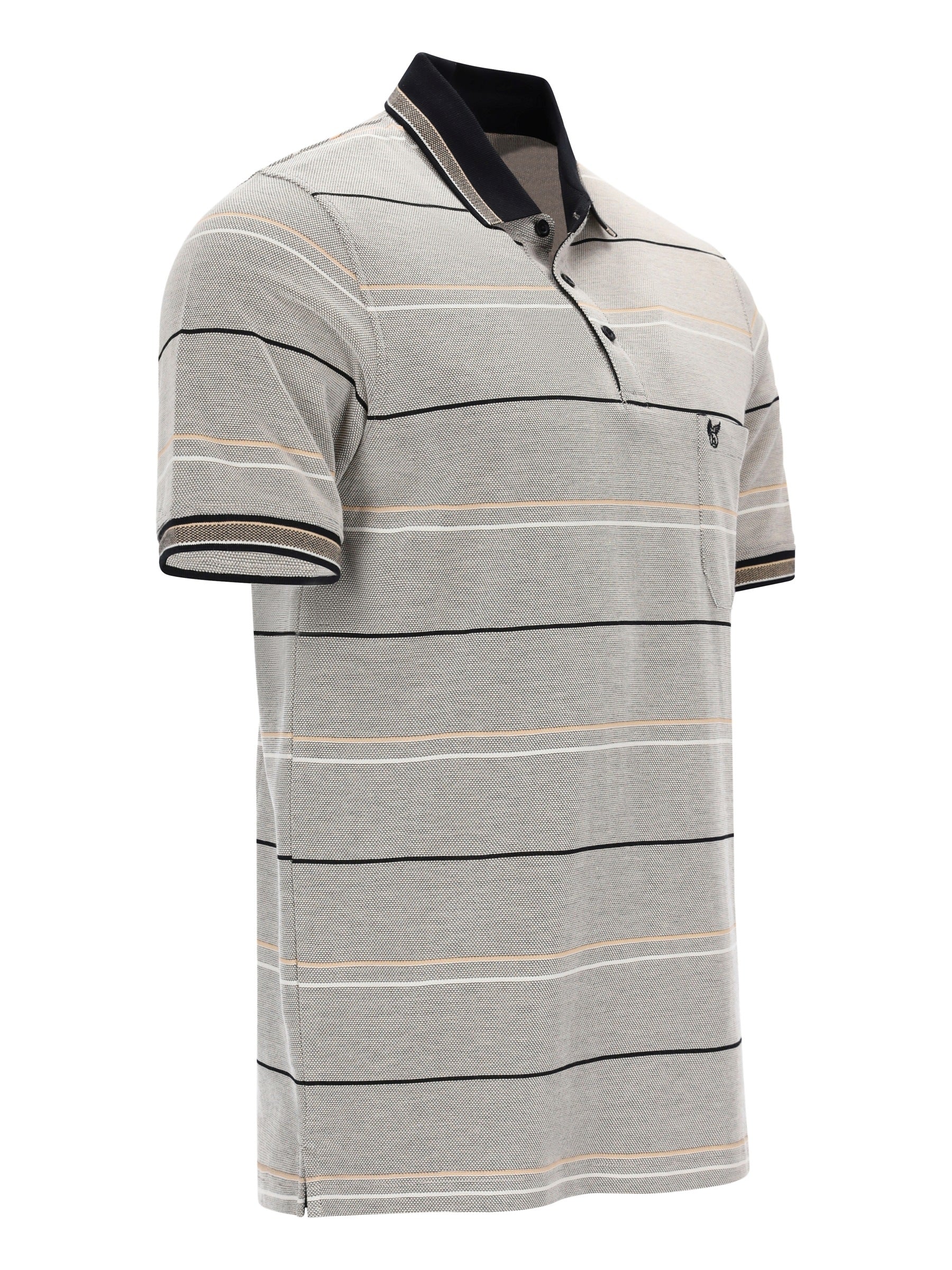 Grau-schwarzes gestreiftes Pikee-Poloshirt mit navy Kragen