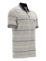 Grau-schwarzes gestreiftes Pikee-Poloshirt mit navy Kragen