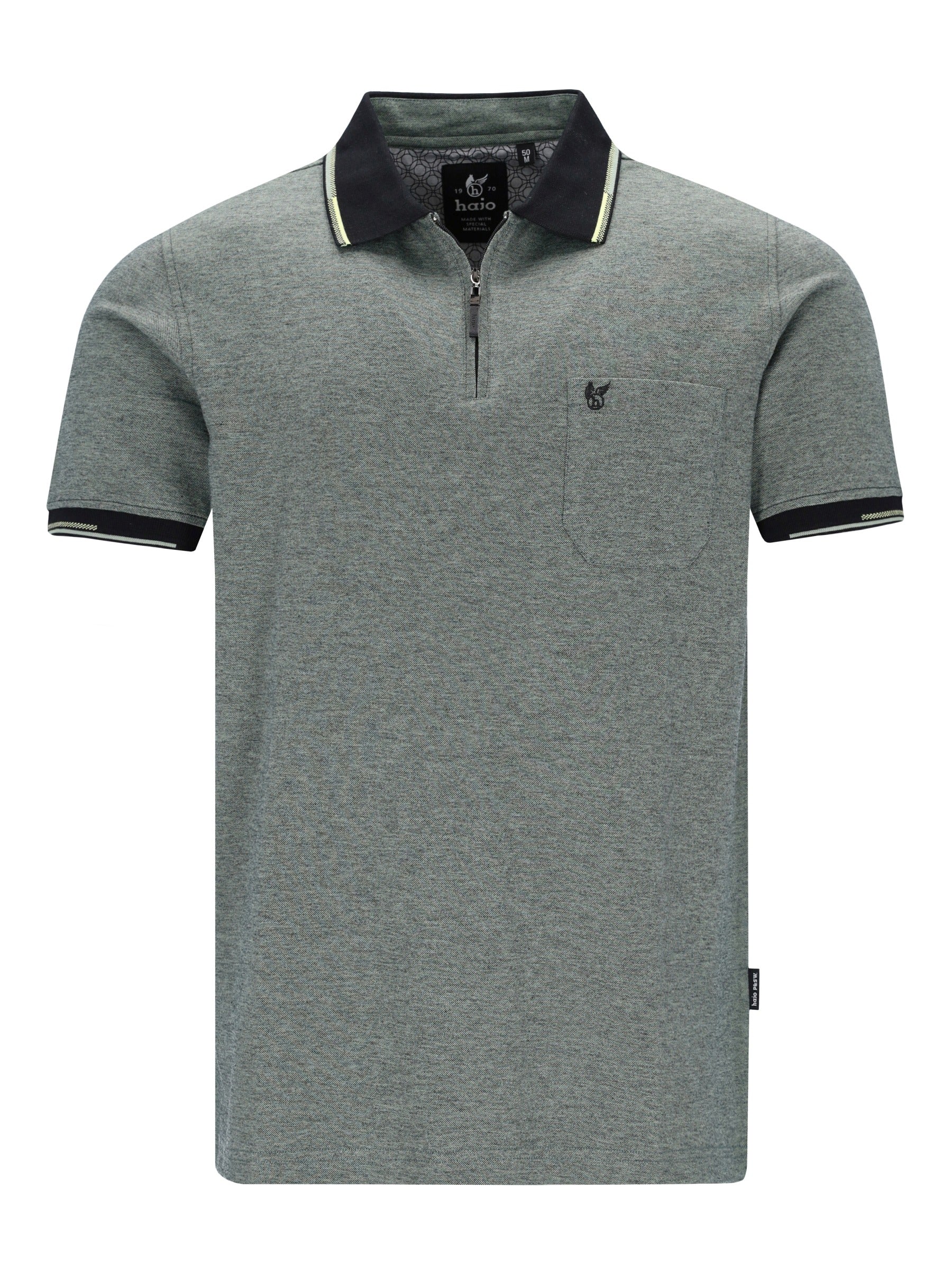 Graues Jaspé-Polohemd mit Pikeestruktur, schwarz-weißer Borte und Stickerei