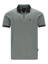 Graues Jaspé-Polohemd mit Pikeestruktur, schwarz-weißer Borte und Stickerei