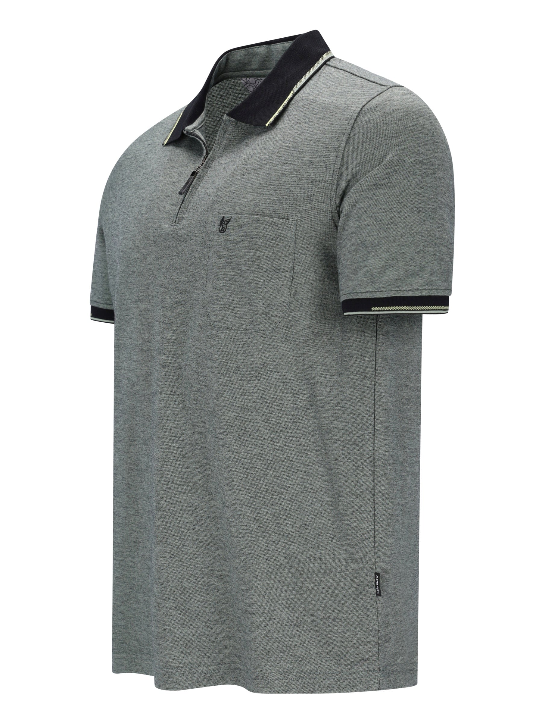 Graues Jaspé-Polohemd mit Pikeestruktur, schwarzem Kragen und Logo