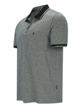 Graues Jaspé-Polohemd mit Pikeestruktur, schwarzem Kragen und Logo