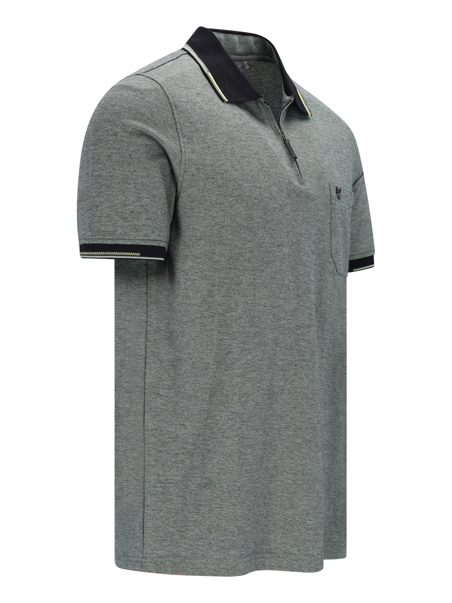Graues Jaspé-Poloshirt mit schwarzem Kragen, weißen Paspeln und Brusttasche