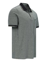 Graues Jaspé-Poloshirt mit schwarzem Kragen, weißen Paspeln und Brusttasche