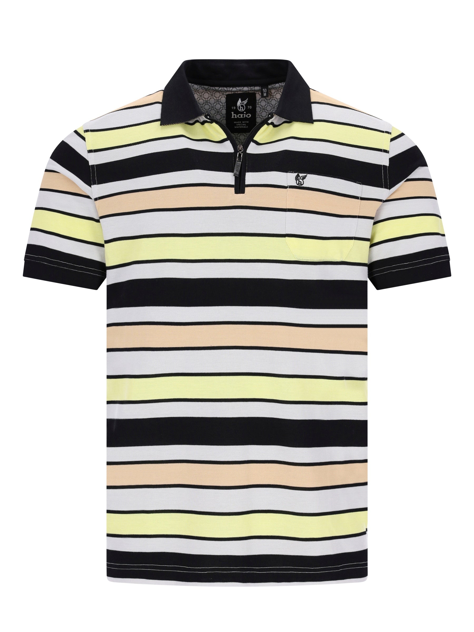 Pikeepolo in garngefärbtem Streifendessin allover schwarz-weiß-gelb