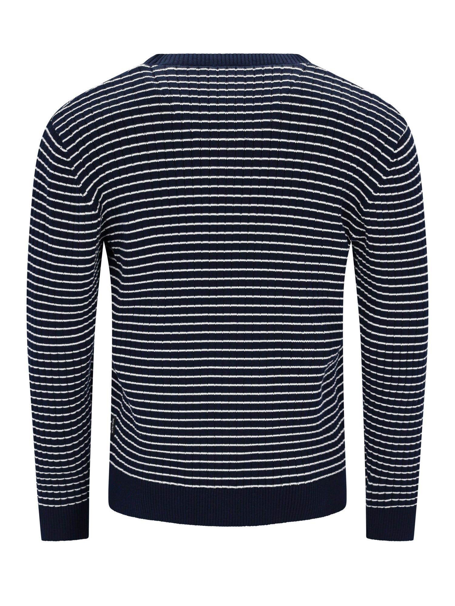 Marineblaues und weißes gestreiftes Pullover mit rundem Ausschnitt.