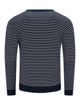 Marineblaues und weißes gestreiftes Pullover mit rundem Ausschnitt.