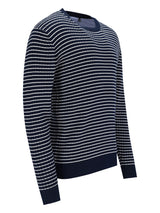 Marineblauer und weißer gestreifter Pullover mit gerippten Bündchen und Saum, wahrscheinlich aus Baumwolle oder Wolle gefertigt.