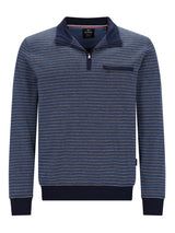 Marineblaues und weißes gestreiftes Poloshirt mit Half-Zip-Design, Taschen-Detail und gerippten Manschetten.