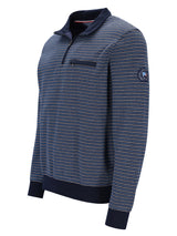 Marineblaues und weißes gestreiftes Poloshirt mit Halb-Reißverschlusskragen, aus Baumwolle gefertigt.