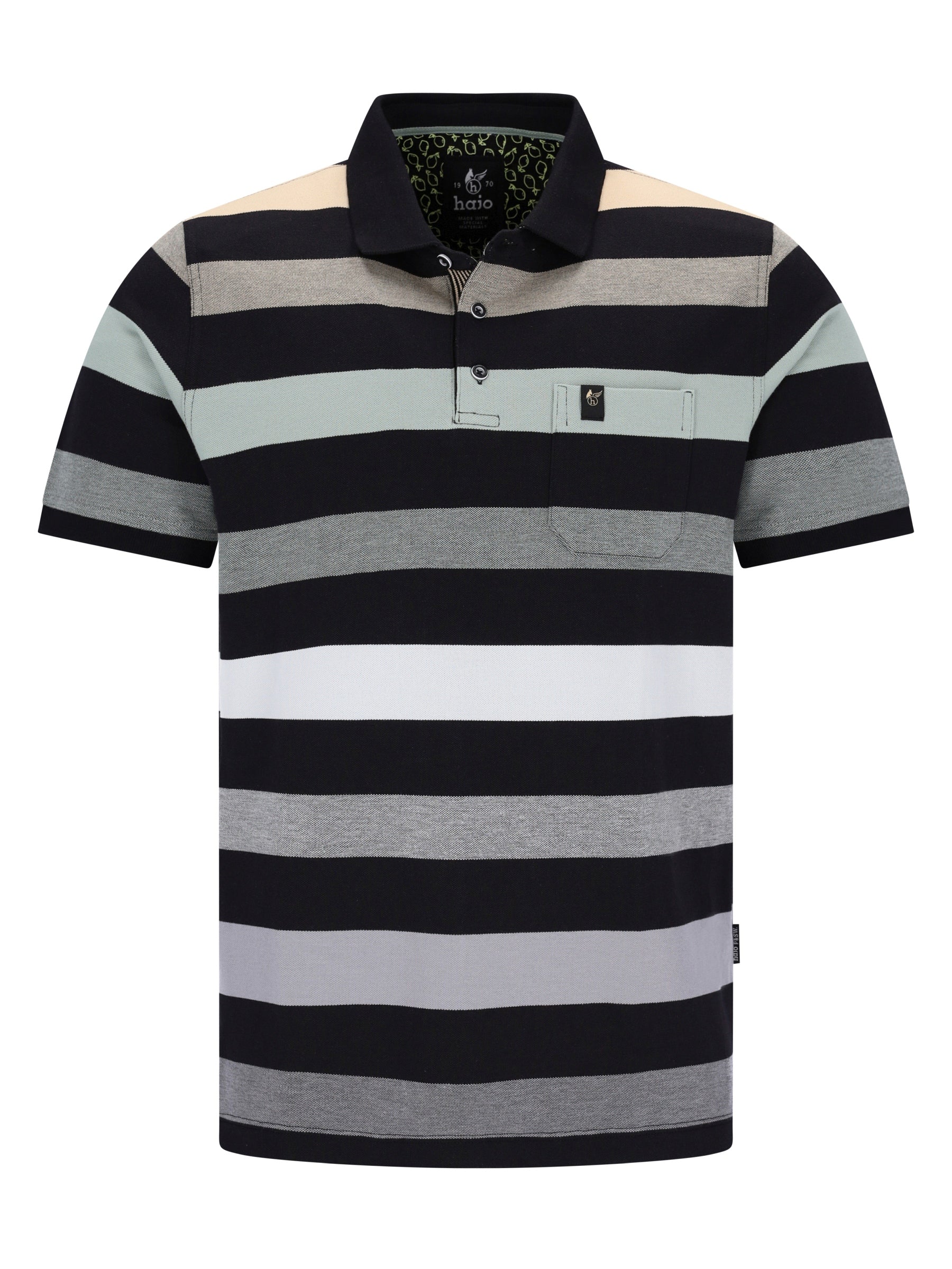 Pikee-Polo garngefärbter Blockringel-Allover, schwarz-grau-weiß gestreift