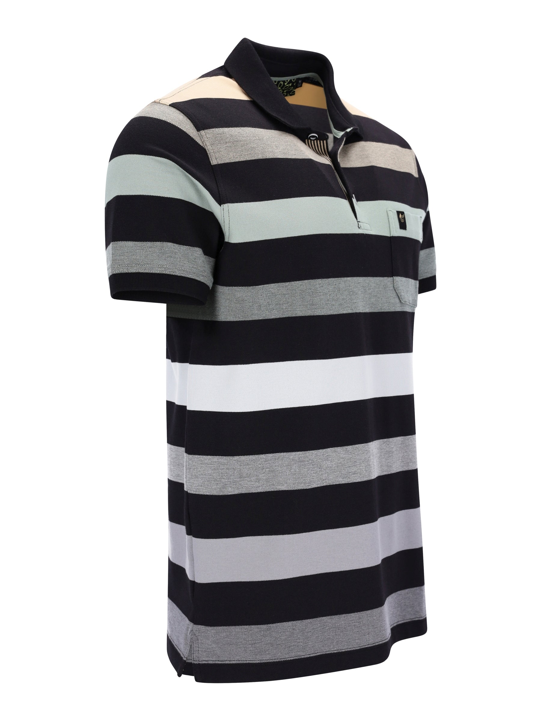 Pikee-Polo garngefärbt Blockringel-Allover, schwarz-weiß-grau gestreift
