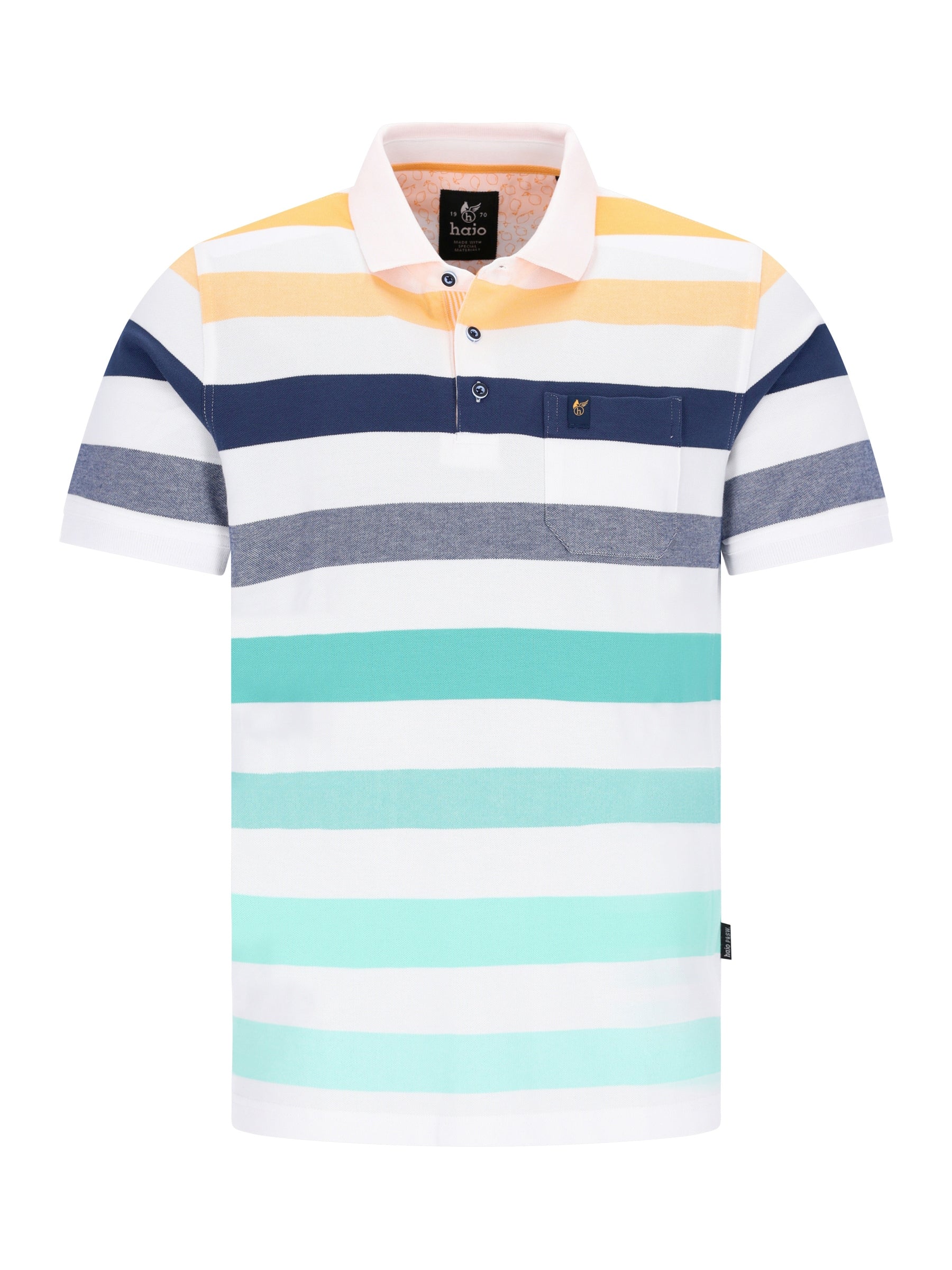 Herren Pikee-Polo garngefärbt Blockringel allover in Weiß, Navy, Hellgelb, Minzgrün, Pfirsichkragen