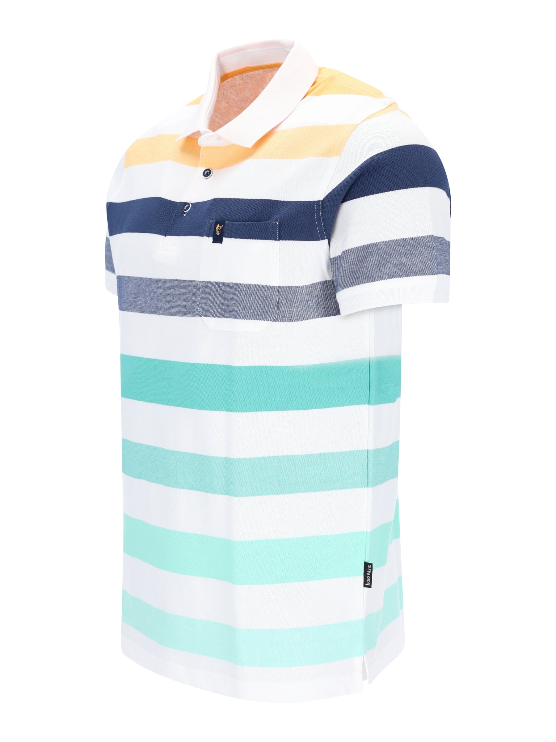 Pikee-Polo garngefärbt Blockringel allover, weiß-blau-gelb-minz mit rosa Kragen