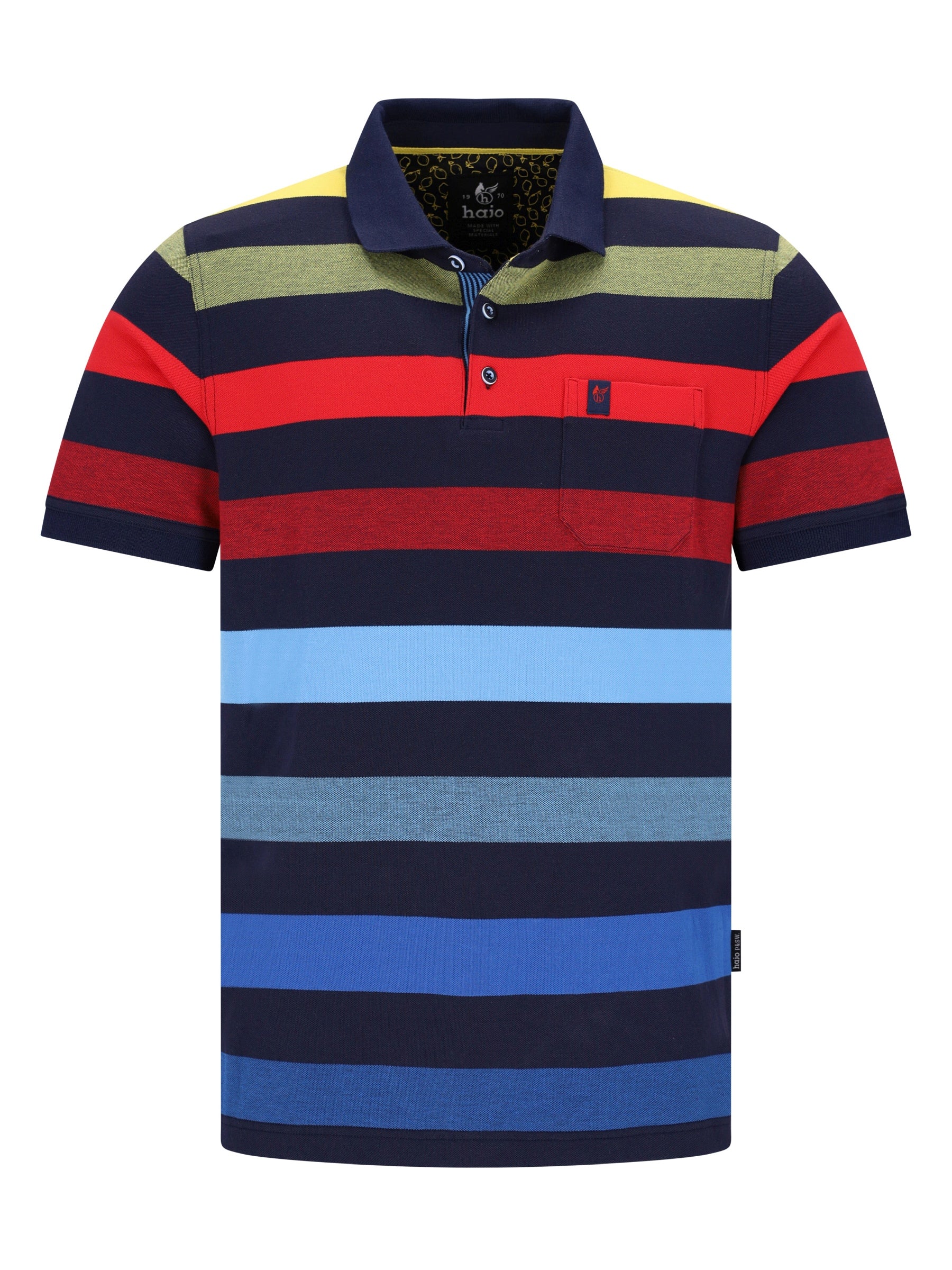 Pikee-Polo garngefärbt Blockringel allover, navy, rot, hellblau, oliv, gelber Kragen