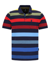 Pikee-Polo garngefärbt Blockringel allover, navy, rot, hellblau, oliv, gelber Kragen