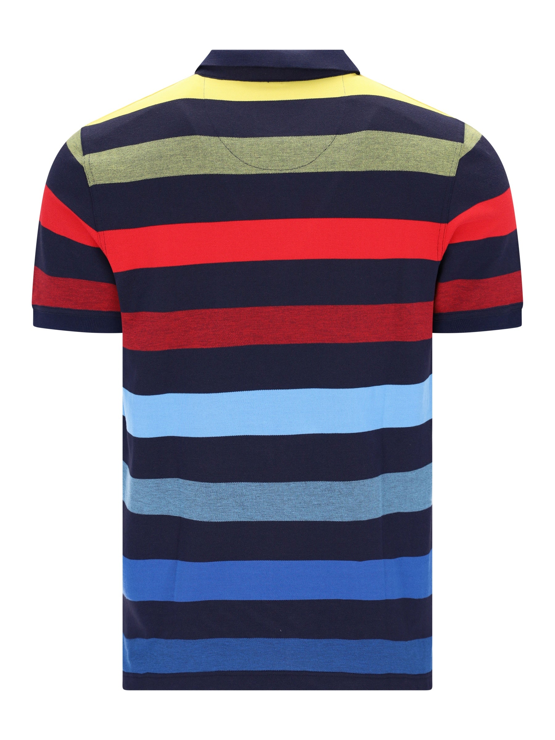 Pikee-Polo garngefärbt Blockringel navy-blau rot hellblau gelber Kragen