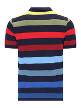 Pikee-Polo garngefärbt Blockringel navy-blau rot hellblau gelber Kragen