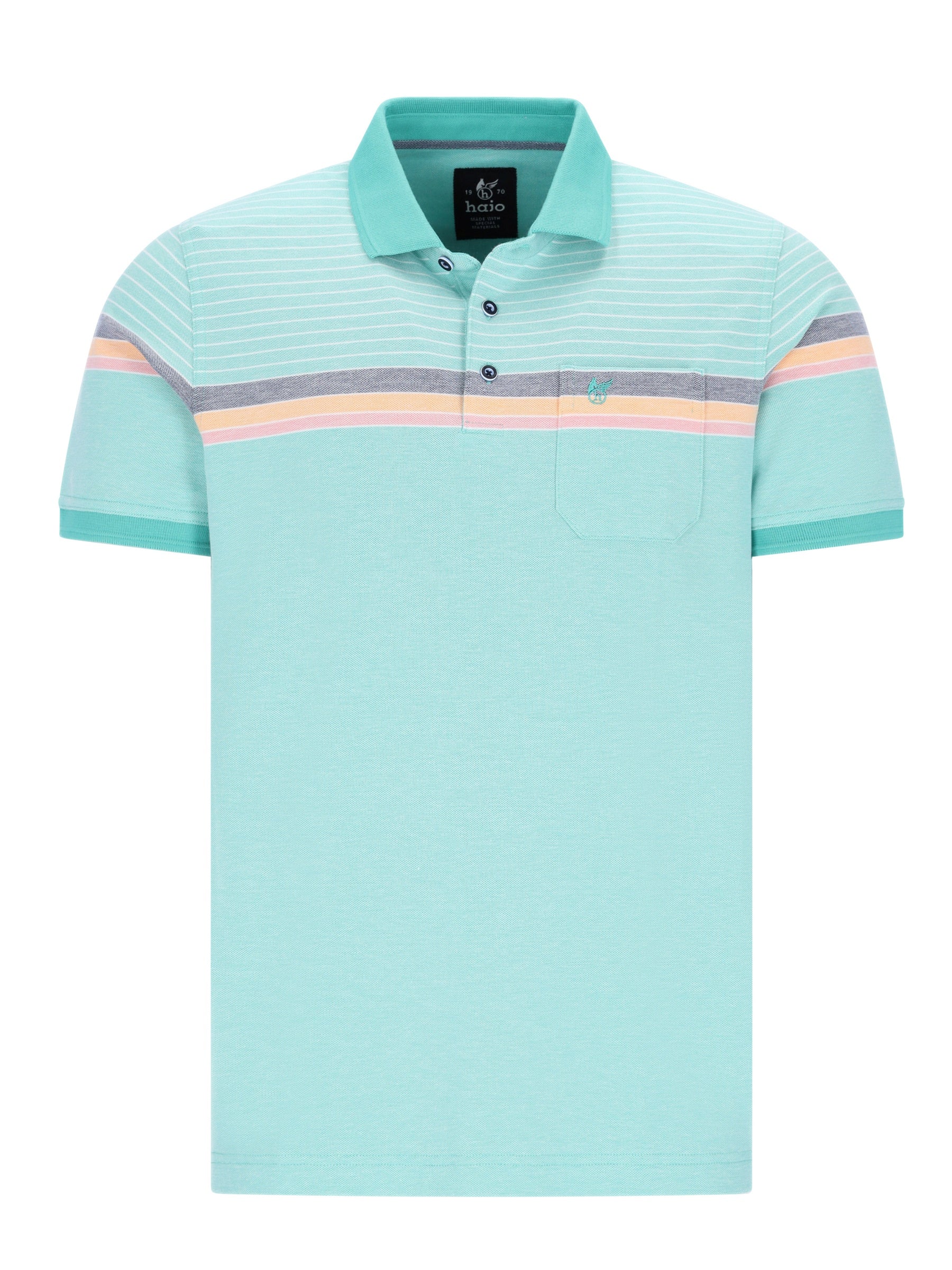 Helles blaues Pikee-Polo Dessinmix mit Streifen in Pastellrosa, Grau und Pfirsich