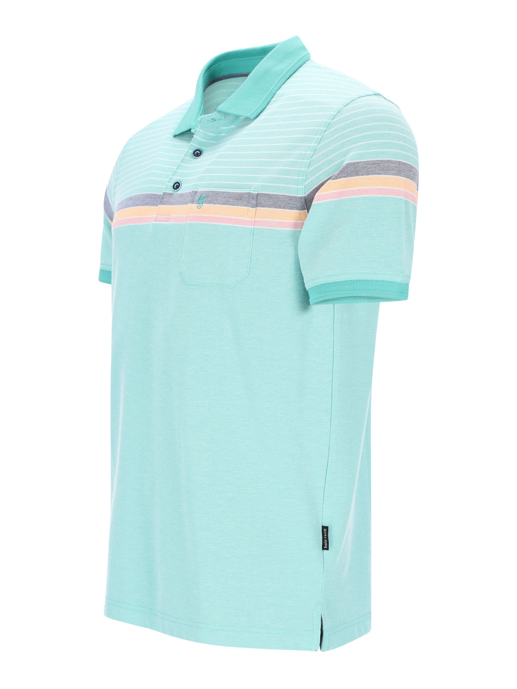 Helles taubenblaues Pikee-Polo Dessinmix mit Grau-Pfirsich-Weiß-Streifen